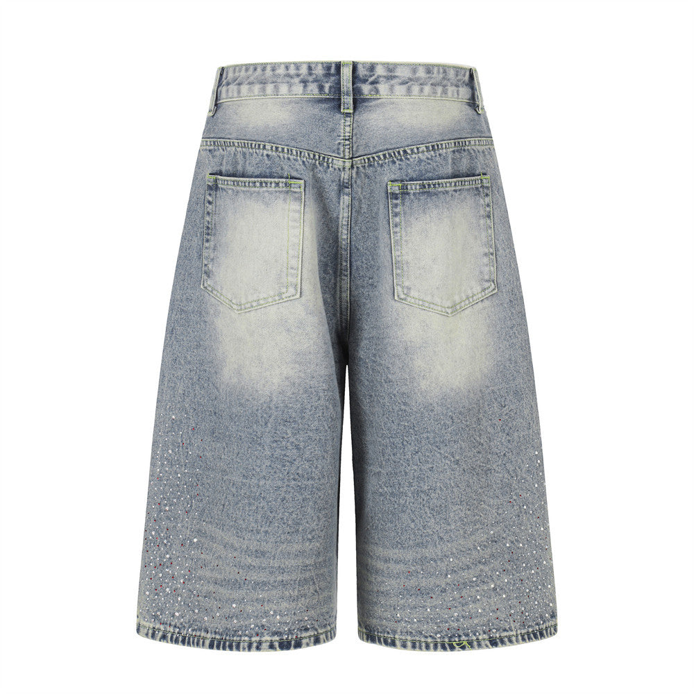 Hot stamping full print straight leg denim shorts