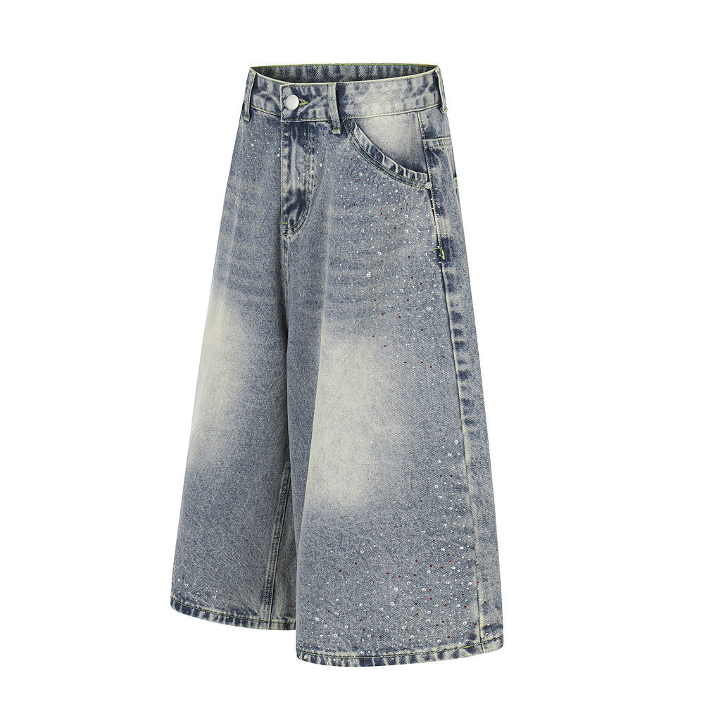 Hot stamping full print straight leg denim shorts