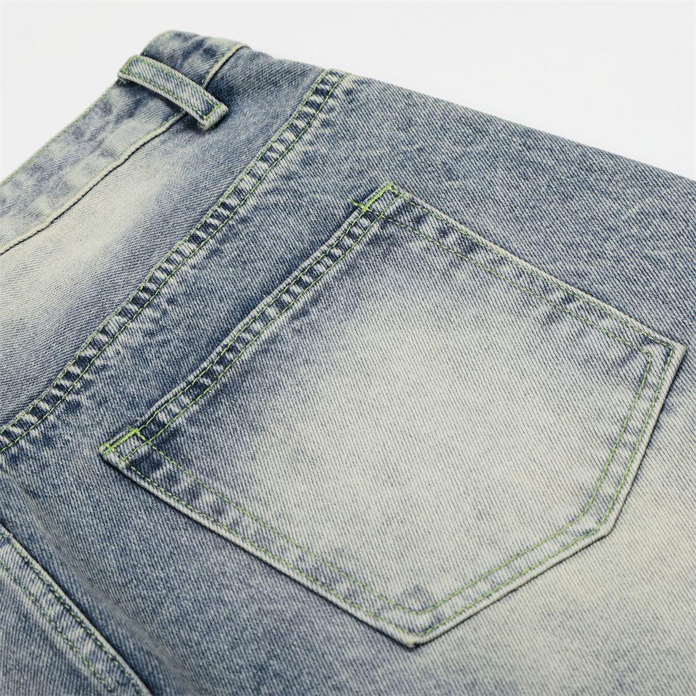 Hot stamping full print straight leg denim shorts