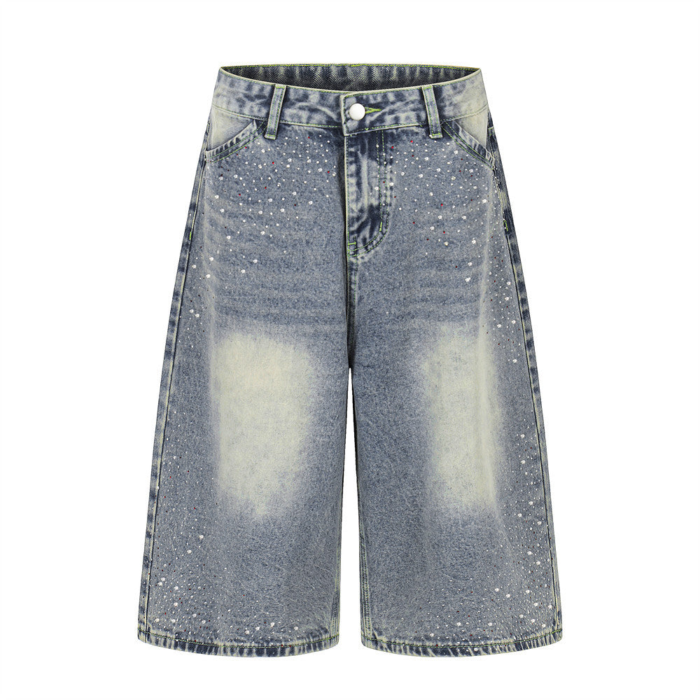 Hot stamping full print straight leg denim shorts