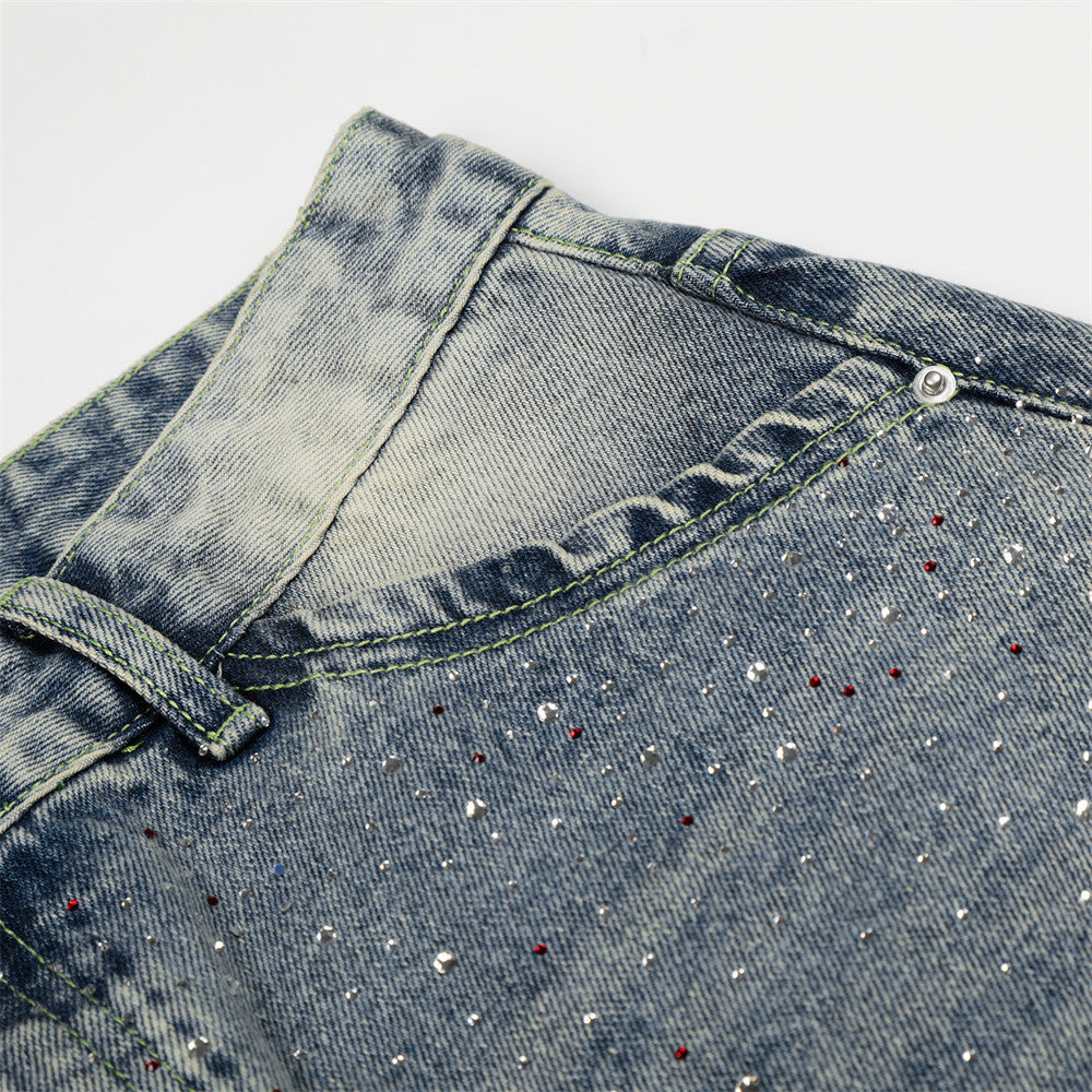 Hot stamping full print straight leg denim shorts